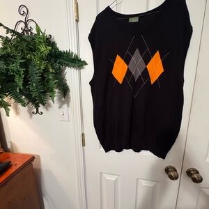 Men Black and Orange Argyle Sleeveless Sweater